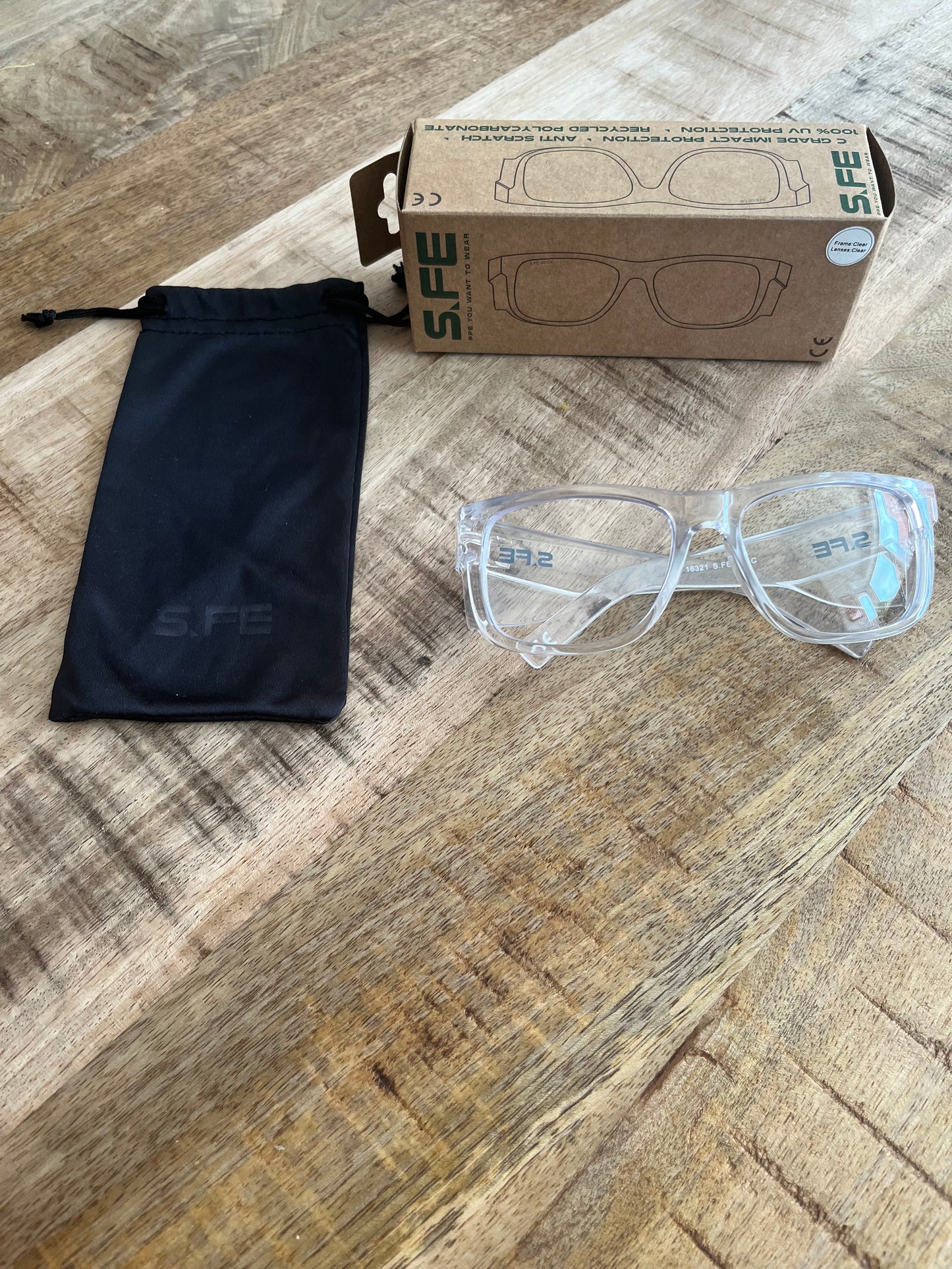 S.FE ONE Clear Frame, Clear Lens Recycled Safety Glasses