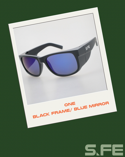 S.FE ONE Black Frame, UV400 Blue Mirror Lens Safety Glasses