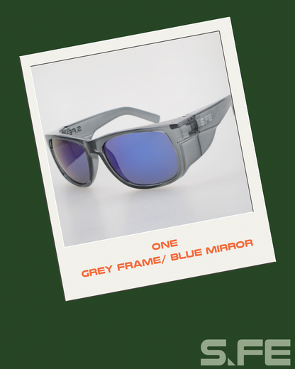 S.FE ONE Grey Frame, UV400 Blue Mirror Lens Safety Glasses