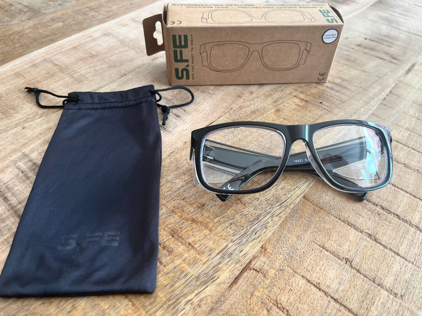 S.FE ONE Black Frame, Clear Lens Recycled Safety Glasses