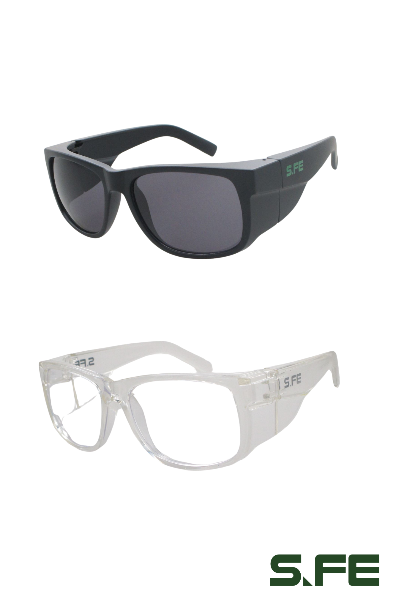 S.FE ONE 2 Pack Black Frame, UV400 Grey Lens & Clear Frame, Clear Lens Recycled Safety Glasses