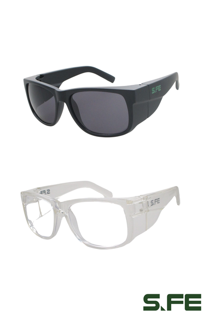 S.FE ONE 2 Pack Black Frame, UV400 Grey Lens & Clear Frame, Clear Lens Recycled Safety Glasses