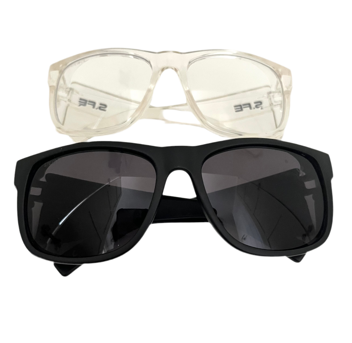 S.FE ONE 2 Pack Black Frame, UV400 Grey Lens & Clear Frame, Clear Lens Recycled Safety Glasses