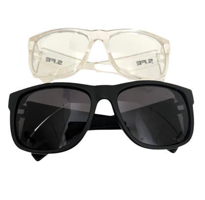 S.FE ONE 2 Pack Black Frame, UV400 Grey Lens & Clear Frame, Clear Lens Recycled Safety Glasses