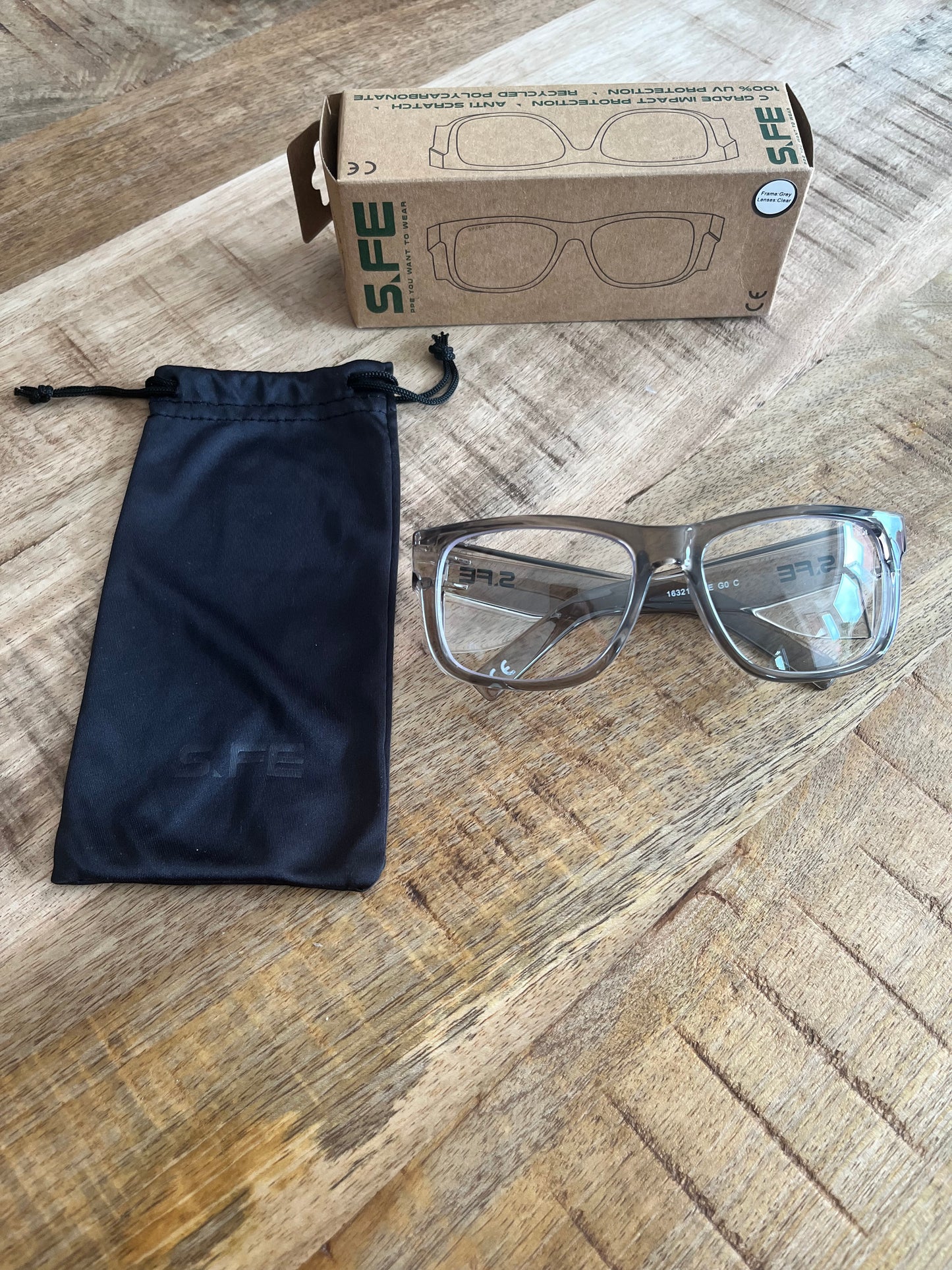 S.FE ONE Grey Frame, Clear Lens Recycled Safety Glasses